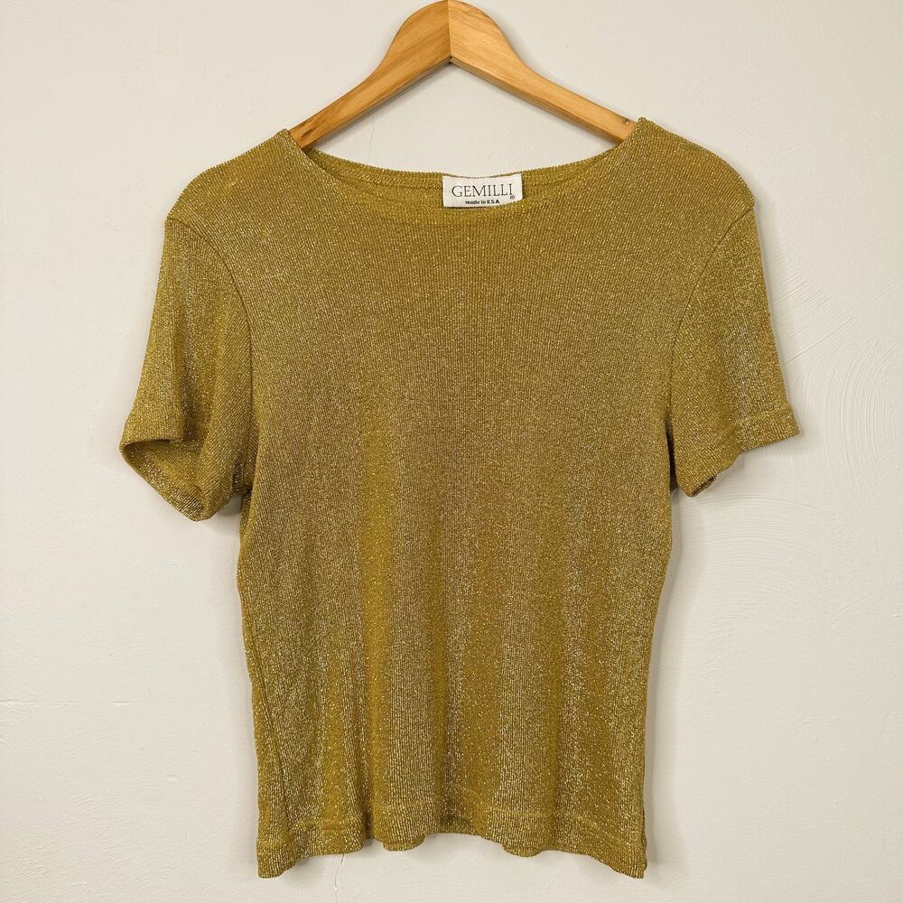 Gemilli Gold Metallic Thread Lightweight Boat Neck Short Sleeve Blouse